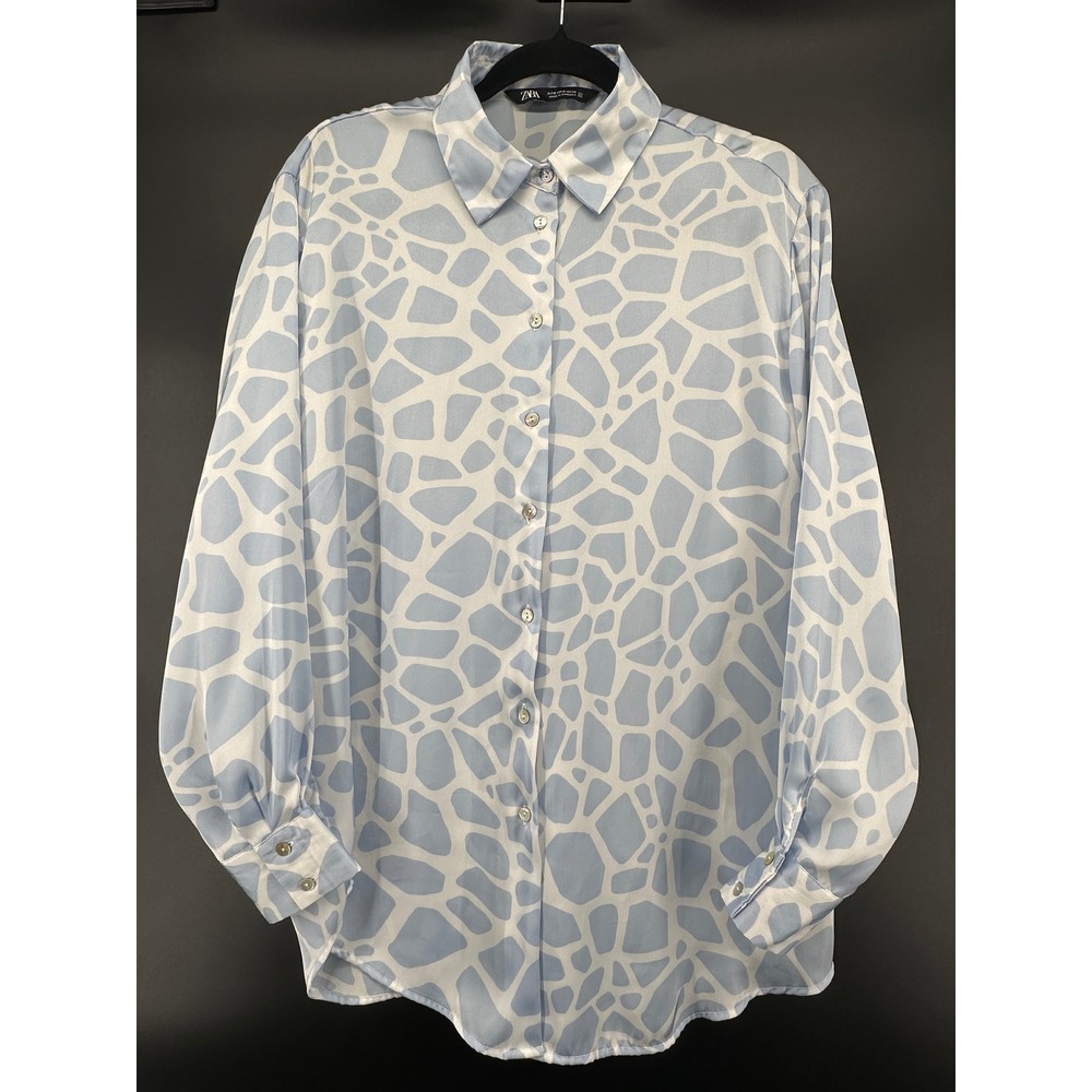 Zara Women Blue White Giraffe Print Button Down Blouse Long Sleeve Small